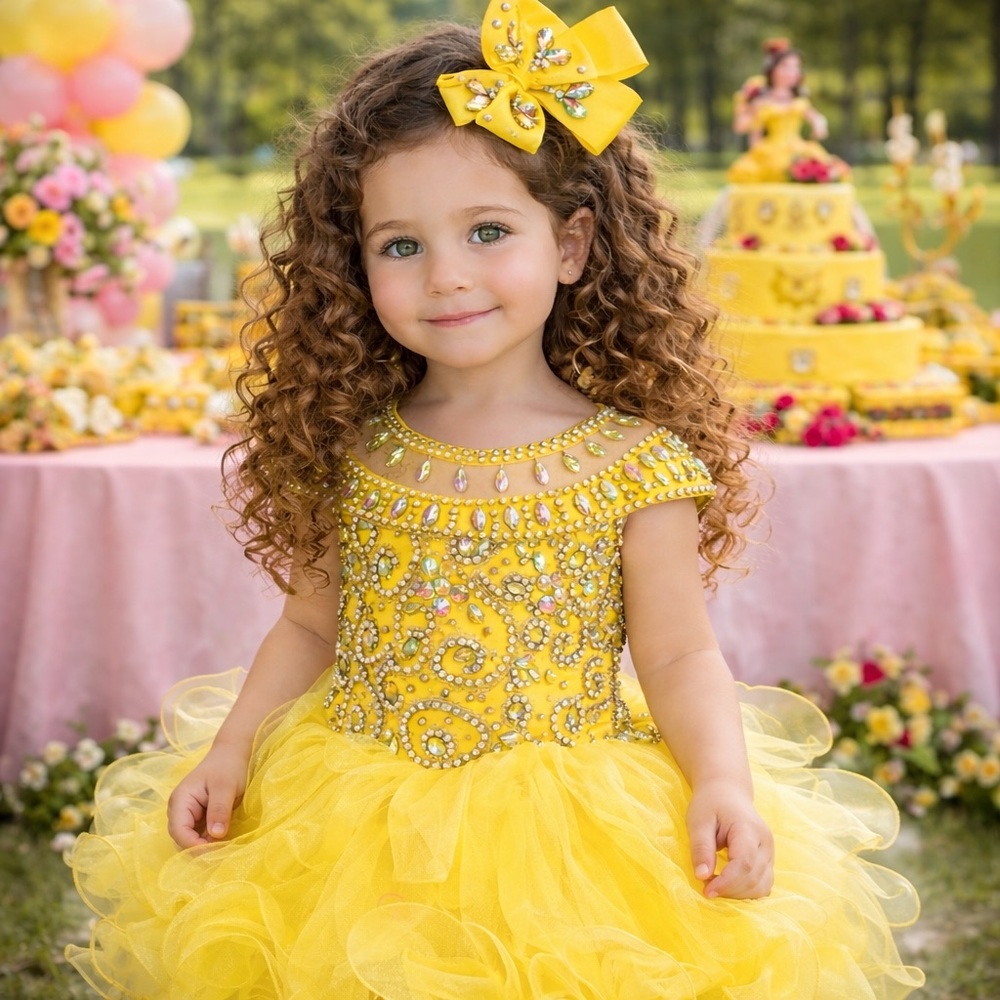 Girls yellow glitz pageant princess birthday cupcake dress.